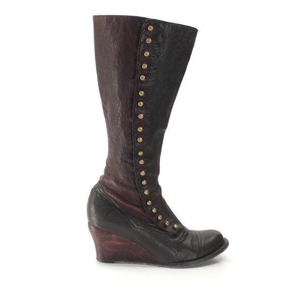 Calleen Cordero Knee High Boots 6.5 Black Brown Leather Brass Button Wedge Heel - Picture 2 of 15